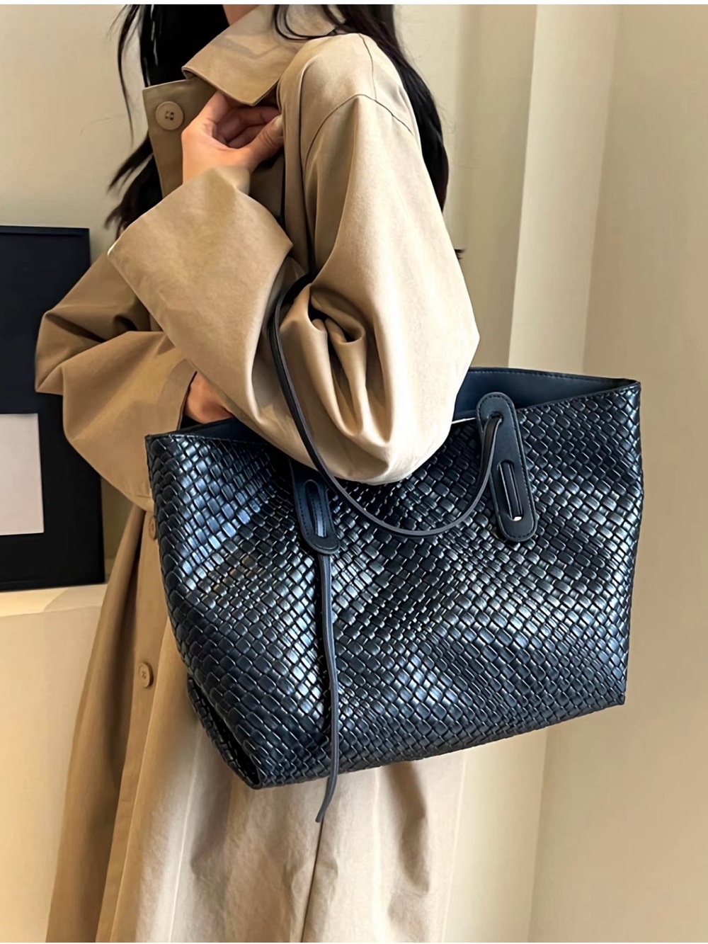 Black Woven Tote Bag with Double Shoulder Straps - Picture 4 of 9